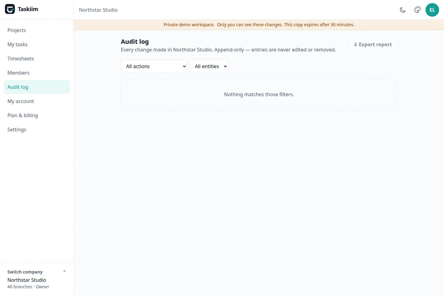 Taskiim append-only audit log showing workspace activity