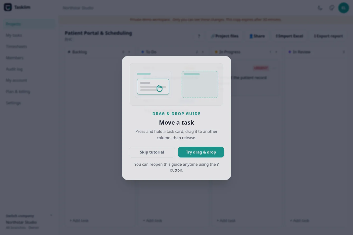 Taskiim project board with tasks across workflow columns