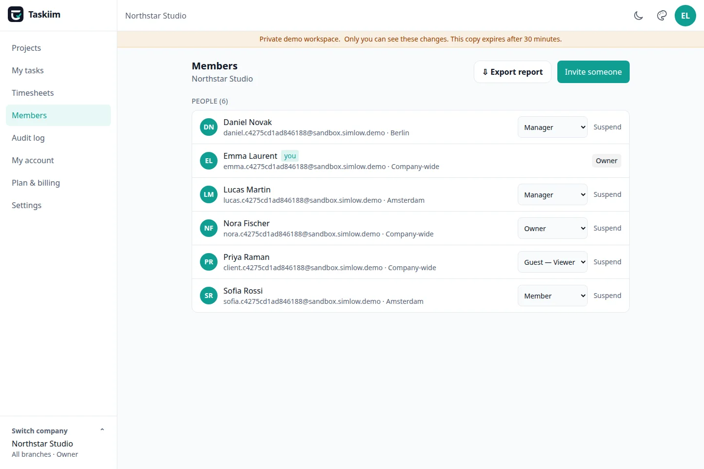 Taskiim members and role management screen