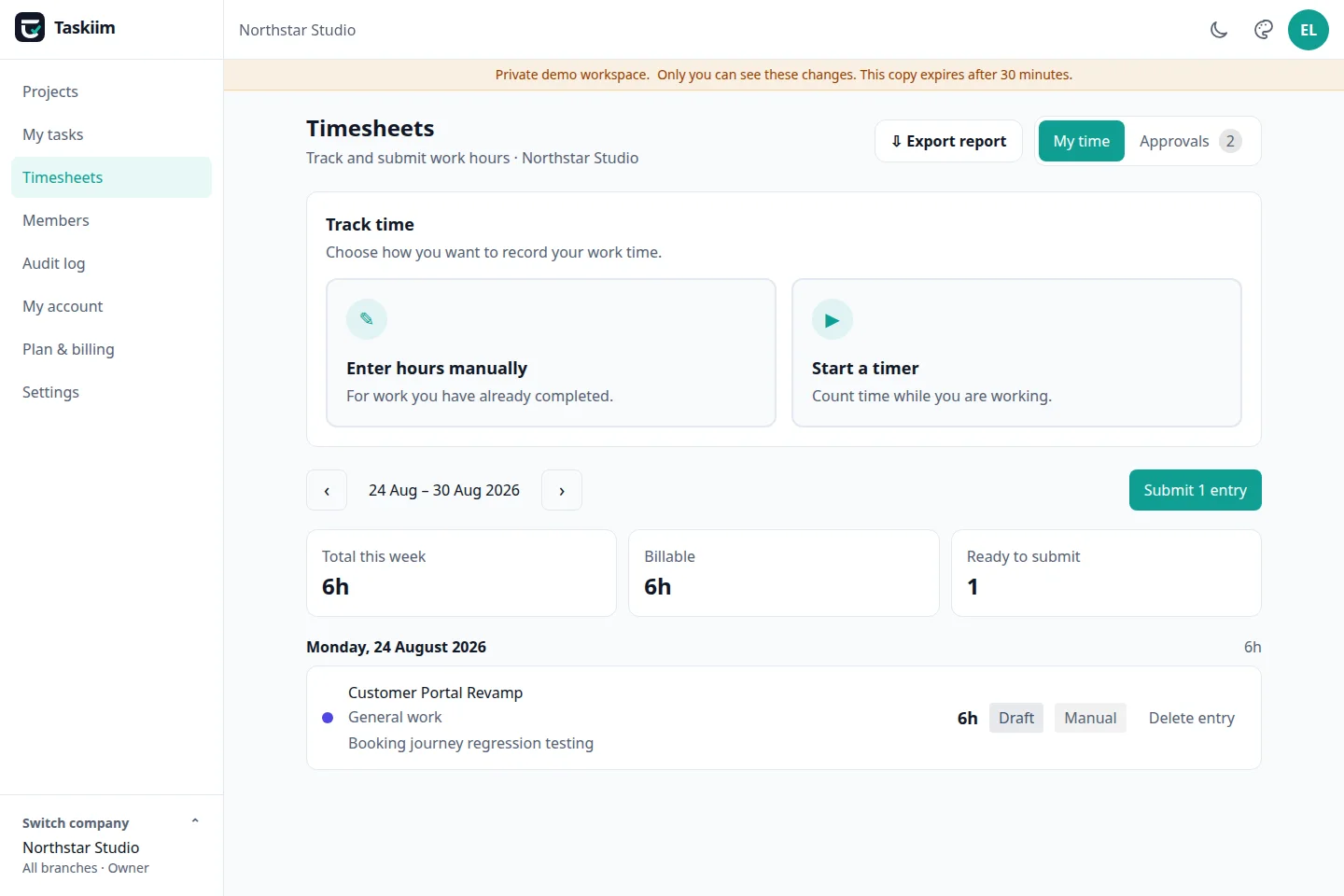 Taskiim timesheet with manager approval controls