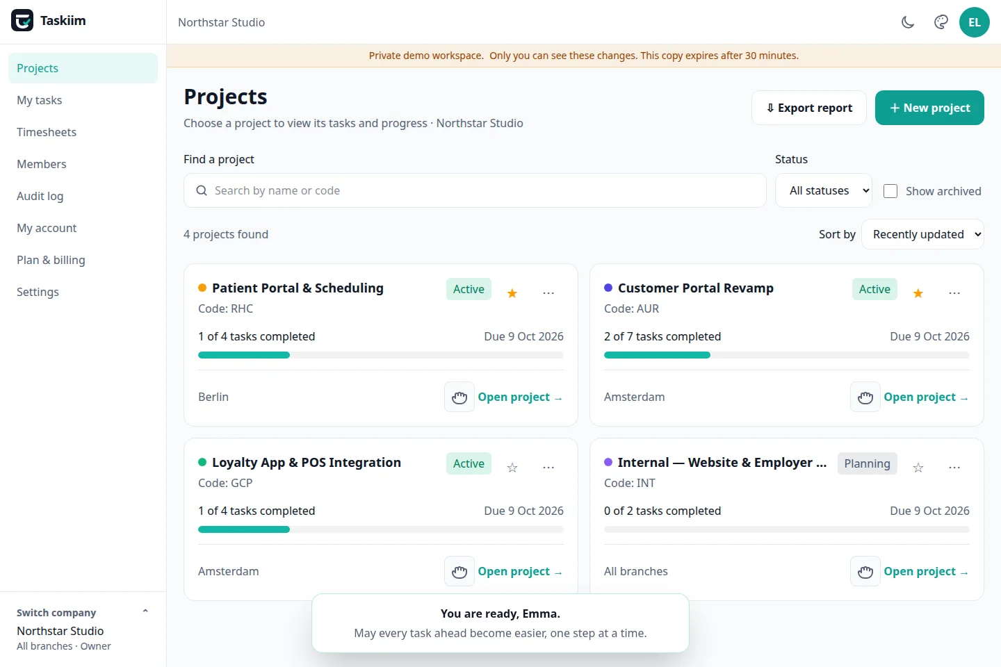 Taskiim workspace showing active client projects and progress